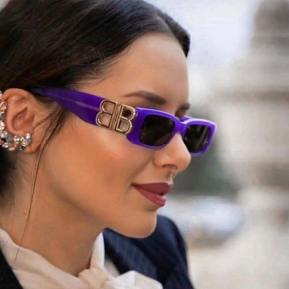 Balenciaga BB0096S 004 Sunglasses Violet Gold Gray Rectangle Women